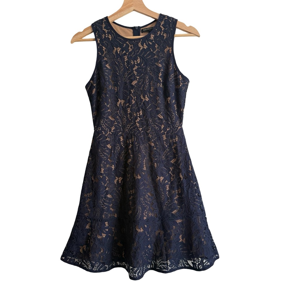 Banana Republic Navy Blue Garden Party Floral Lace Fit & Flare Dress 0 0P Petite